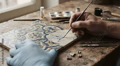 Art restorer carefully repairing and painting an ancient cracked ceramic tile in a conservation laboratory.