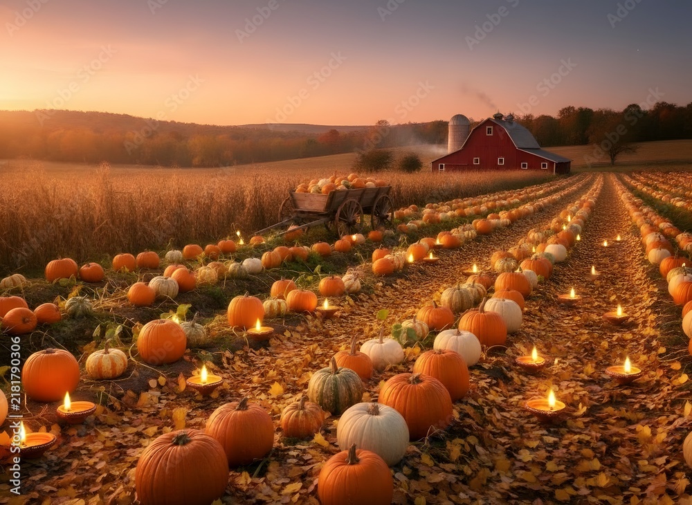 Fototapeta premium Autumn pumpkins arranged in rows with glowing candles during golden hour sunset near a red barn