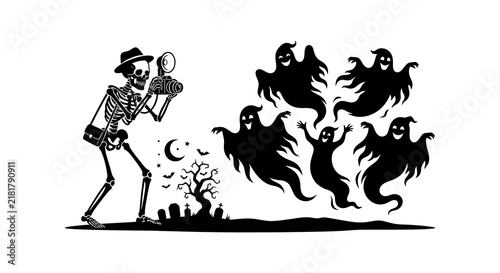 Bild auf Leinwand Skeleton photographer captures ghostly apparitions in a graveyard scene