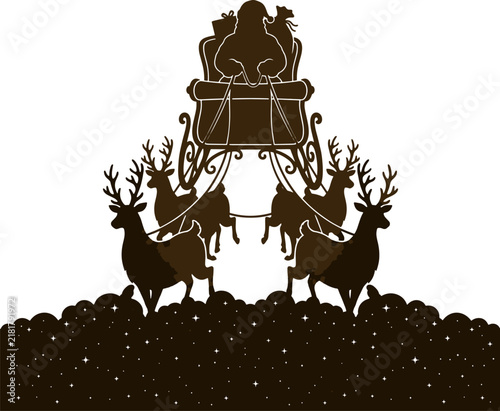 Silhouette of Santa Claus in a sleigh pulled by reindeer over snow ground. Festive Christmas holiday vector illustration for graphic design.