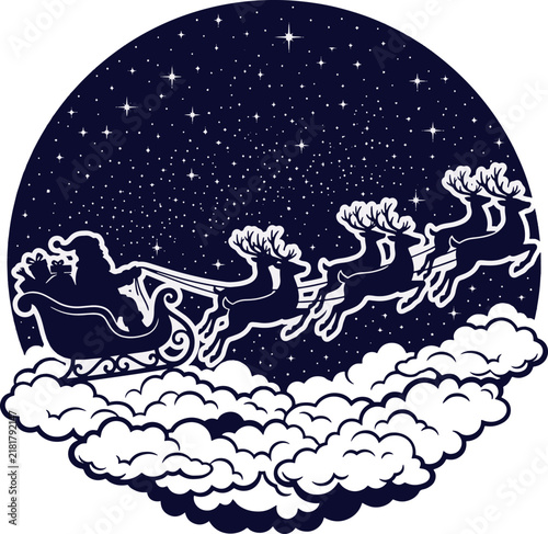 Santa Claus flying in a sleigh pulled by reindeer over fluffy clouds against a starry night sky, festive winter holiday vector art.