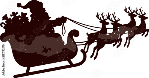Christmas Santa Claus flying in a sleigh pulled by reindeer carrying gifts, isolated silhouette vector for holiday design and greeting cards.