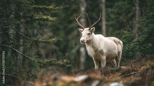 Majestic white reindeer stands in dark forest