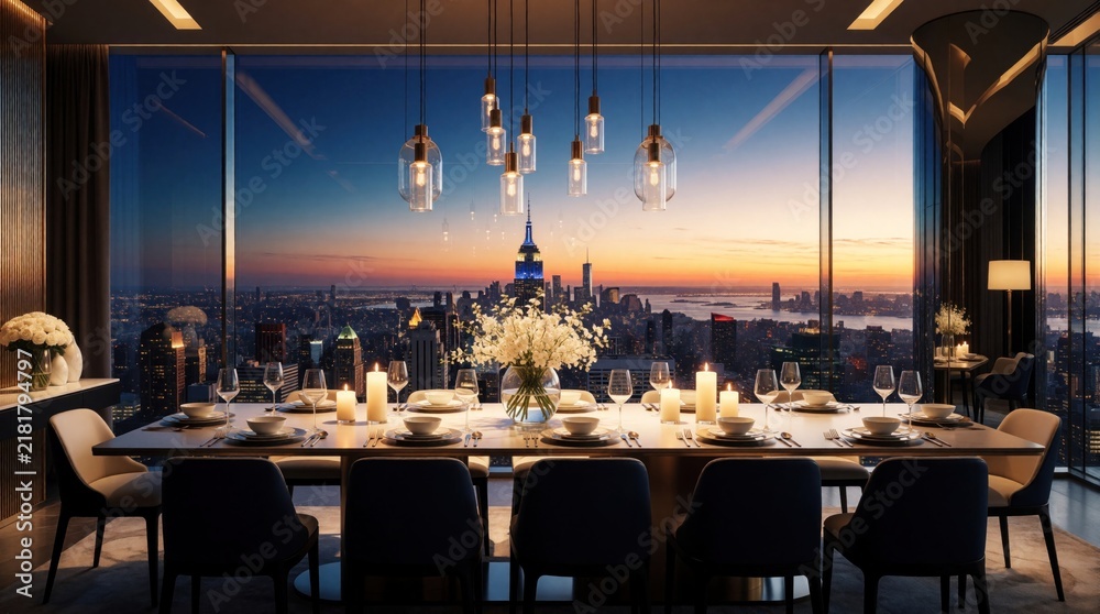 Obraz premium Luxury penthouse dining room with large windows overlooking New York City skyline at sunset. Modern table set for dinner with candles, flowers. Elegant interior features dark chairs, chic decor,