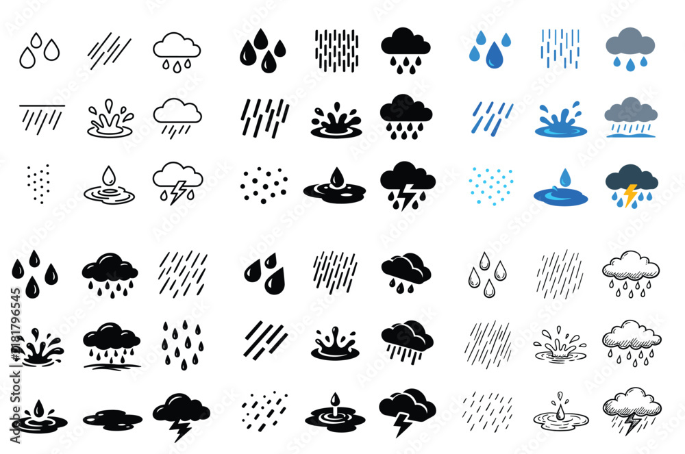 Fototapeta premium Weather and rain concept icons with droplet, cloud, splash for web design in outline vector art