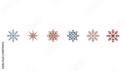 Assorted geometric snowflake icons in muted blue and terracotta for winter celebrations and branding