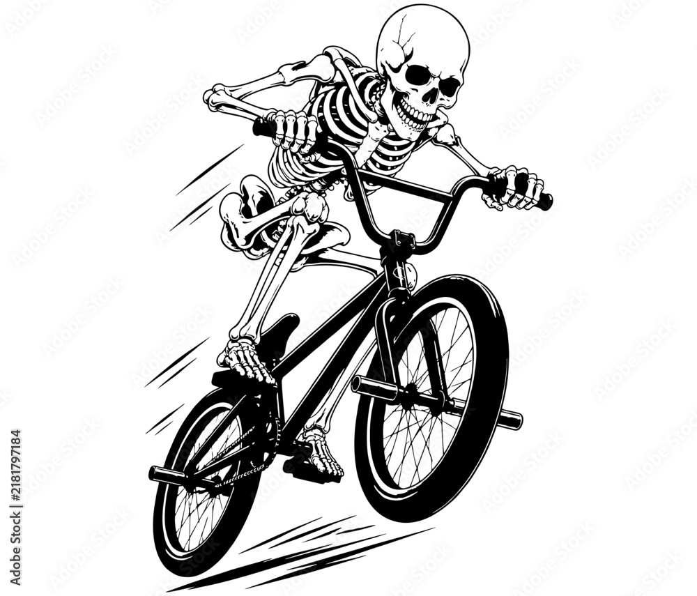 Obraz premium Black White vector illustration of a skull skeleton riding a bicycle isolated on a white background. 