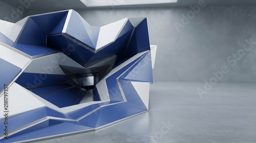 Abstract polygonal sculpture in blue and white tones a modern 3d rendering