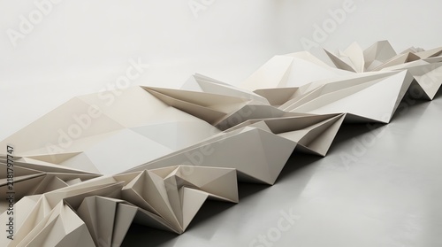 Abstract white paper sculpture forming a jagged landscape on a gray surface
