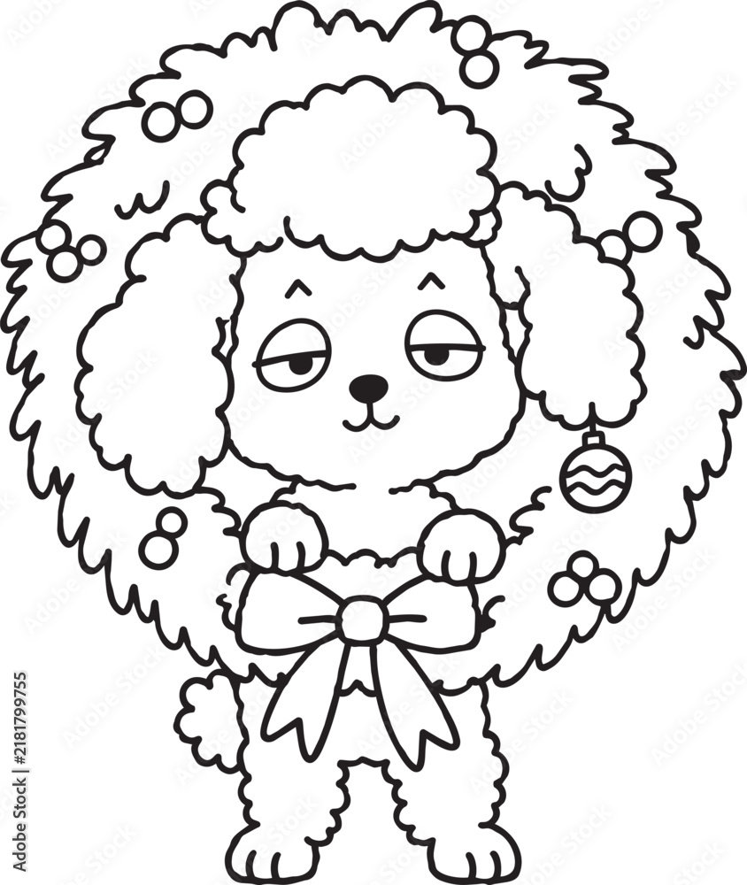 Fototapeta premium Cute Christmas Dog in Festive Wreath Hand Drawn Illustration