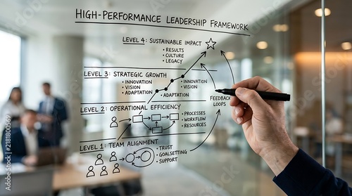 Business professional drawing a high performance leadership framework on a glass wall in a modern office.