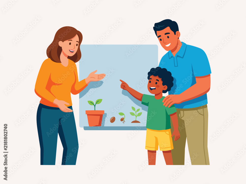 Fototapeta premium Family teaching child about plant growth stages