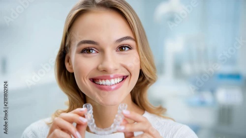 Clear aligner dental treatment with smiling young woman holding transparent orthodontic tray, invisible braces, straight teeth, modern dentistry, oral care, confident smile cosmetic dental wellness