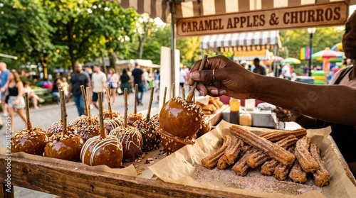 Hand holding caramel apple with sprinkles above a wooden cart filled with caramel apples and churros at an outdoor fair with people in the background