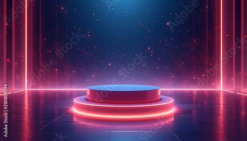 Empty glowing red neon product display podium stage with futuristic light lines product pedestal light design exhibition stand product showcase neon lights