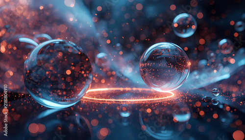 Two clear glass spheres reflecting light on a dark abstract background with glowing particles crystal balls light bokeh reflection abstract transparency