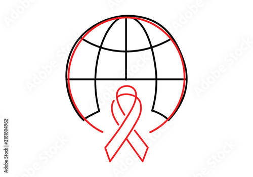 World aids day red ribbon and globe outline symbol with hiv awareness