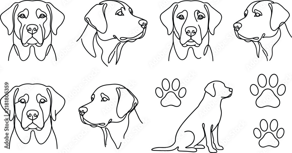 Fototapeta premium Labrador retriever dog head and paw print vector line art illustration set with sitting canine silhouette elements