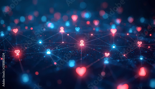 Abstract digital network visualization with glowing red heart icons and blue user nodes connected by data lines social connection glowing symbols abstract