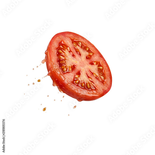 Fresh tomato slice with splashing juice droplets. Isolated on a clean white background