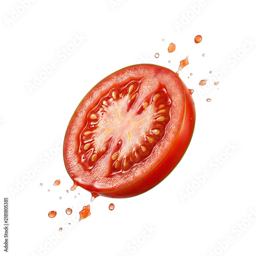 Tomato slice splash photo. Fresh vegetable halved with juice droplets. Isolated on white