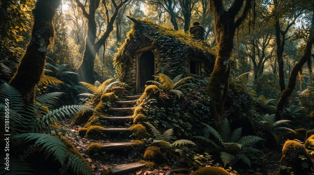 Obraz premium Mossy stone hut with wooden stairs sits deep in rich green forest. Overgrown foliage covers ancient structure, sunbeams pierce dense canopy illuminating woodland scene.