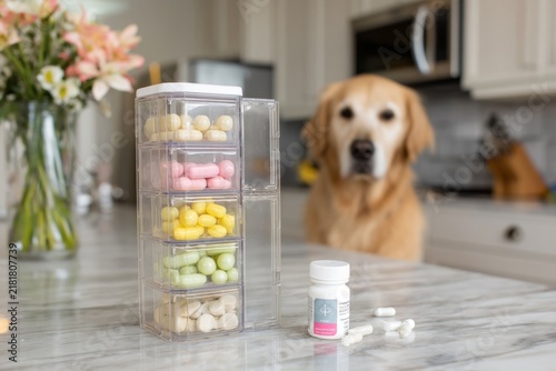 Dog sitting near a medicine organizer with various pills in a kitchen