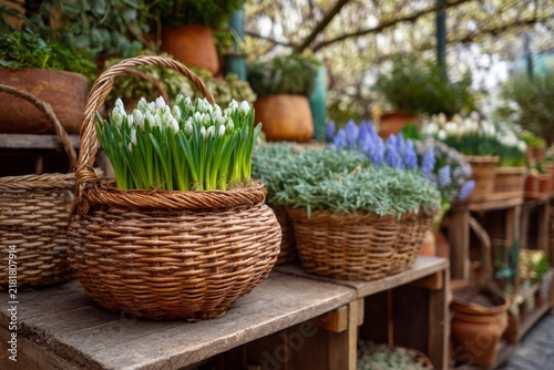 Flower market displays baskets of plants and flowers in a garden center setting