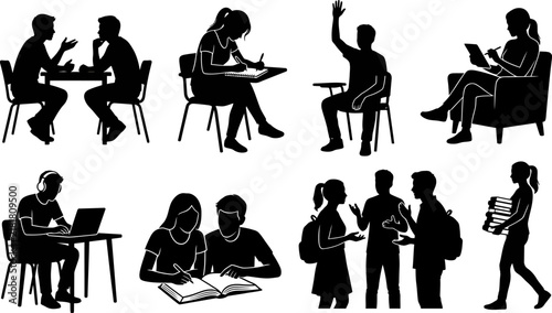 A collection of black silhouettes showing diverse students studying working and interacting in various educational and academic classroom settings