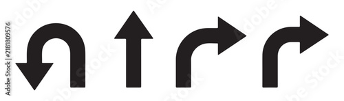 Curved U-turn and right directional arrows for vehicle traffic guidance and road sign design applications.