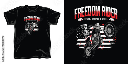 Black and white freedom rider skeleton biker wearing jacket with stars stripes and steel text illustration on a motorcycle.