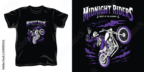 Skeleton rider on custom motorcycle with purple lightning clouds background for midnight riders ghost of the highway vintage clothing aesthetic.