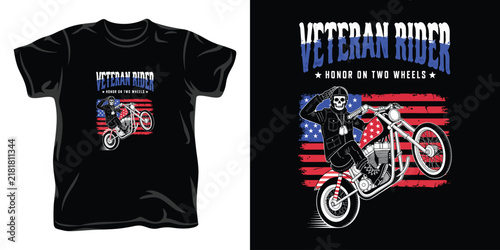 Veteran rider skull motorcyclist shirt print design with american flag background for military appreciation apparel and patriotic clothing graphics.