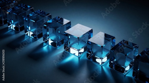 Row of Transparent Blue Glass Cubes