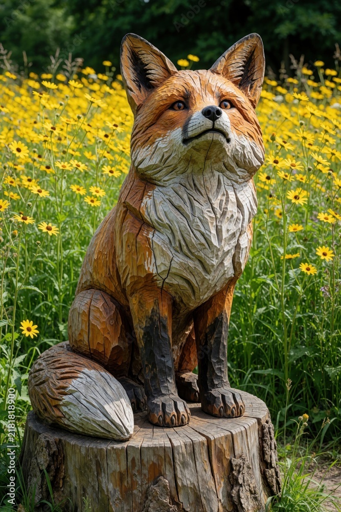 Fototapeta premium Hand carved wooden fox sculpture sits on tree stump in summer garden. Detailed animal art decoration features orange, white colors. Rustic wood carving of wild predator amidst blooming yellow