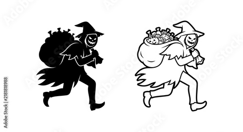 Halloween witch carrying a sack black silhouette and line art versions