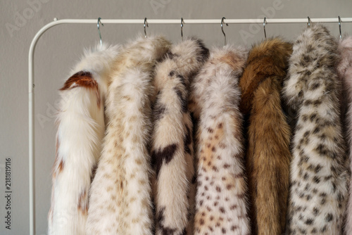 Obraz na płótnie Faux fur coats hanging on clothing rack in neutral interior