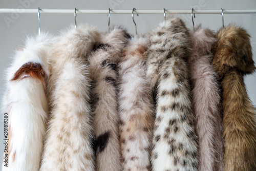 Obraz na płótnie Faux fur coats hanging on clothing rack in neutral interior