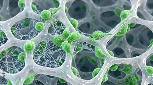 Stem cells growing on a synthetic biocompatible scaffold, demonstrating tissue regeneration engineering, microscopic view of cellular therapy, biomaterial matrix structure.