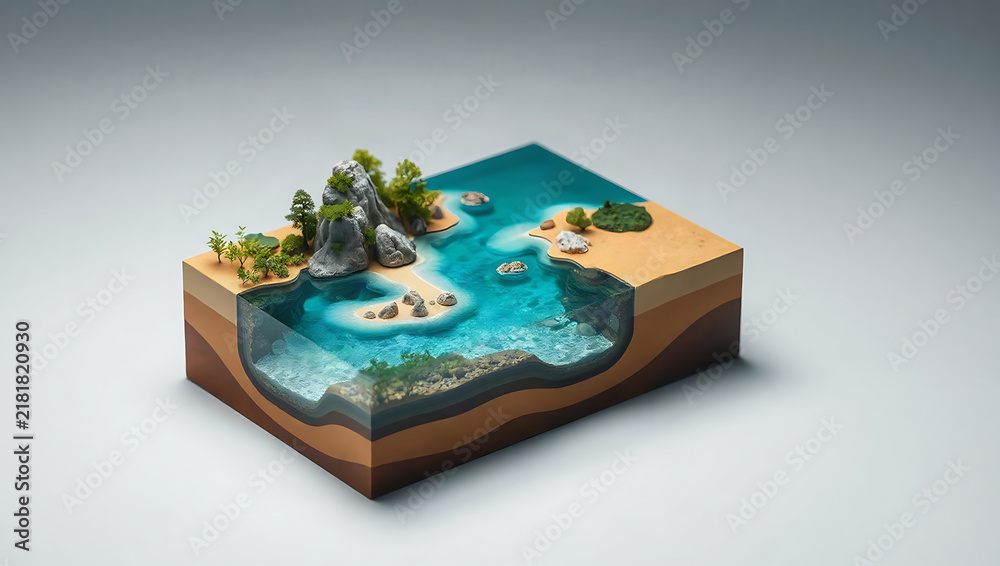 Obraz premium Isometric coastal ecosystem model with turquoise water, island, rock, beach, tree, and layered earth cross section