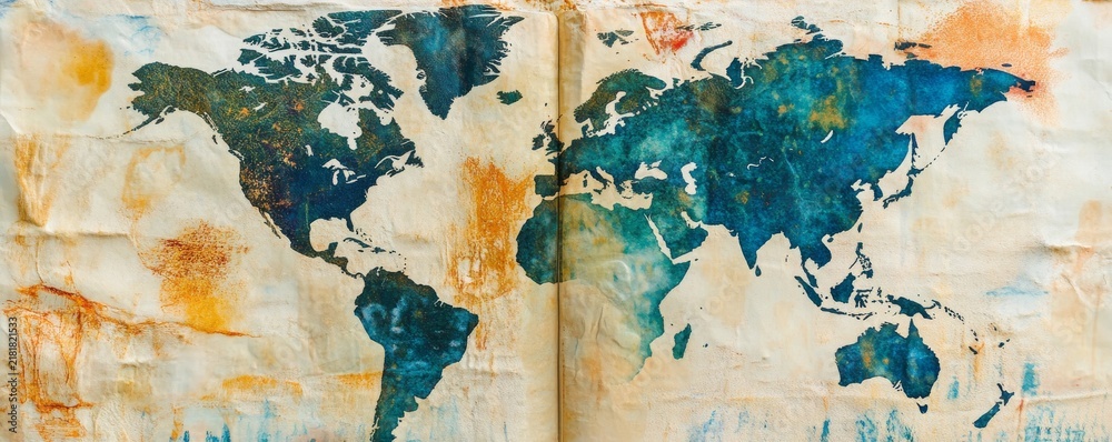 Obraz premium Blue and yellow world map with the continents of North America, South America