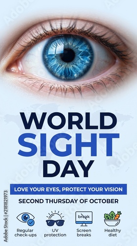 World Sight Day awareness poster with human eye and eye health tips for vision care.