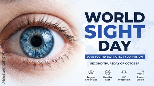 World Sight Day awareness poster with close up human eye and medical health care icons