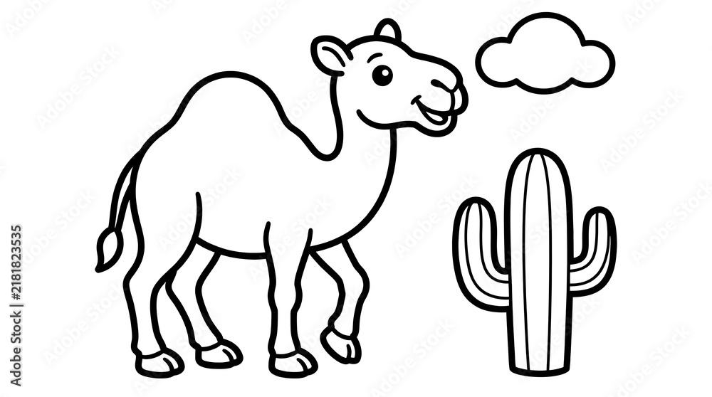 Fototapeta premium Cute camel cartoon character standing next to a desert cactus for coloring page design.