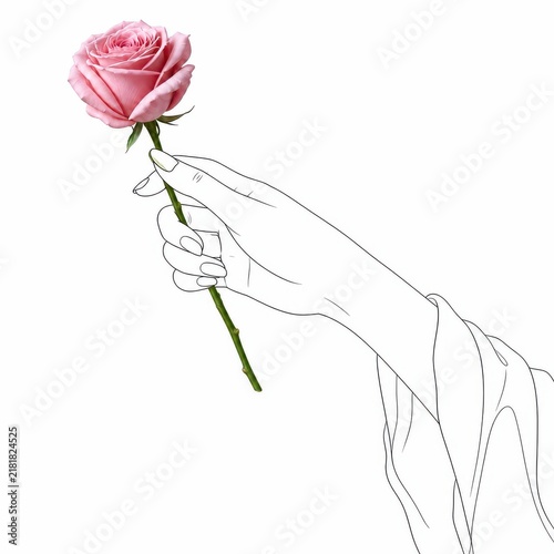 A minimalist line drawing depicts a hand gracefully holding a pink rose, adding a touch of color to the white background of the otherwise monochrome illustration