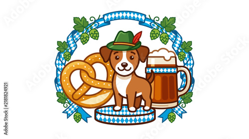 Cartoon dog in hat with pretzel and beer stein