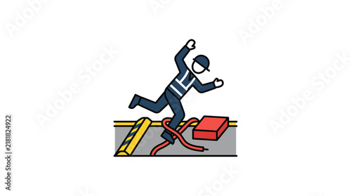 Construction worker tripping over cable on industrial site illustration
