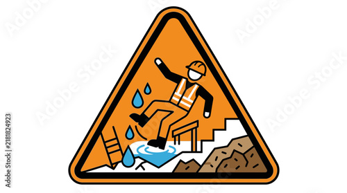 Construction worker slipping on ice near ladder sign.