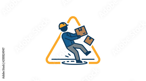 Delivery worker slipping while carrying boxes icon.