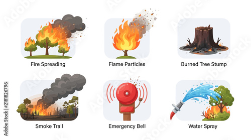 Flat vector simple forest fire icon set, fire spreading between trees, flame particles, smoke trail, burned tree stump, emergency bell, water spray, clean rounded shapes, white background, modern comm
